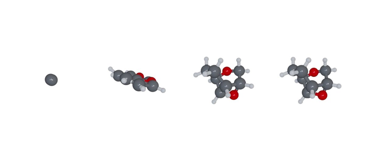 Molecular structure emerging over the SymDrift generation trajectory, from a single point to a full conformer.